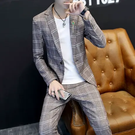男士西服套装青年英伦格子修身外套发型师韩版潮流小西装一套衣服图片