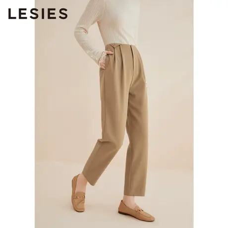 蓝色倾情春秋新款女装 咖色百搭褶皱设计直筒长裤大长腿裤子商品大图