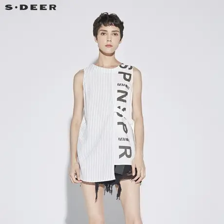 sdeer圣迪奥2018酷感中性撞色字母不规则摆无袖拼接衬衫S18280610图片