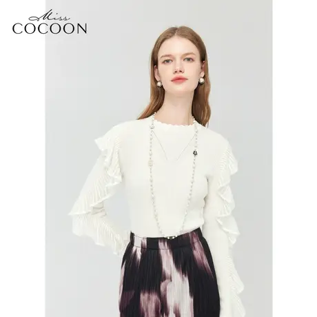 【秋上新】missCOCOON拼接荷叶边上衣2023秋季新款女装宽松针织衫图片