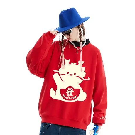 国潮重磅420g套头龙年本命年卡通红色卫衣潮牌男春季加绒加厚上衣商品大图