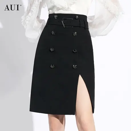 AUI黑色高腰显瘦半身裙女秋冬2023新款气质修身开叉中长包臀裙子图片