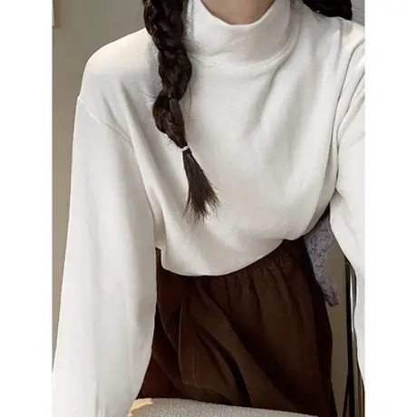 洋气减龄半高领打底衫女内搭秋冬装宽松长袖T恤德绒磨毛保暖上衣商品大图