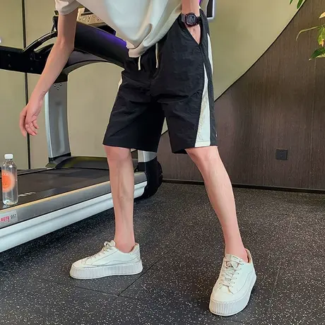 夏季潮流速干短裤男撞色拼接休闲运动直筒宽松薄款五分沙滩裤中裤商品大图
