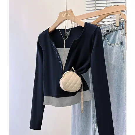 假两件V领长袖T恤女春季2024新款打底衫短款甜辣小上衣设计感小众商品大图