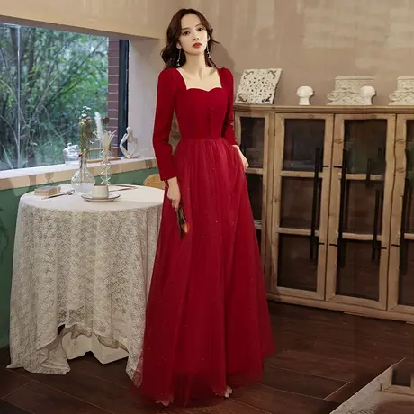 长袖敬酒服新娘2023新款秋冬季酒红色结婚晚礼服裙女宴会气质纱裙图片