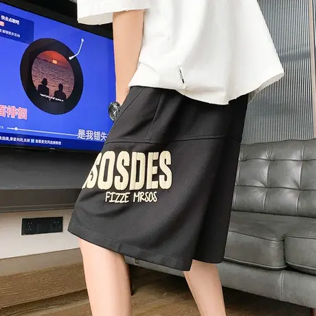 短裤男夏季薄款发泡印花中裤华夫格潮牌宽松运动休闲五分裤子5分商品大图