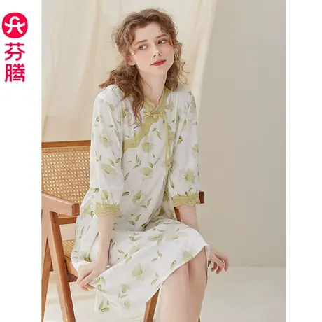 芬腾冰丝睡裙女春夏季五分袖中裙连衣裙V领甜美仿真丝家居服睡衣商品大图