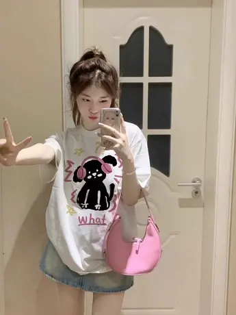 美式纯棉短袖t恤女夏季宽松慵懒风半袖设计感小众chic港味上衣服商品大图