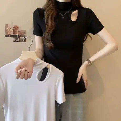 半高领镂空短袖T恤女春夏季2024新款韩版修身显瘦设计感小众上衣商品大图