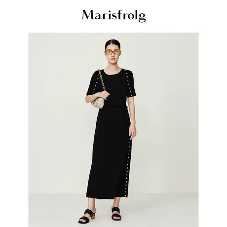 【新能量黑裙】玛丝菲尔2023年夏季新款黑色圆领设计感收腰连衣裙图片