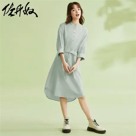 佐丹奴裙子女装纯棉梭织绑带小立领泡泡袖衬衫连衣裙 05463337图片