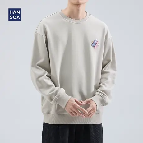 hansca圆领卫衣男春季重磅纯色小众设计感宽松大码慵懒风长袖外套商品大图