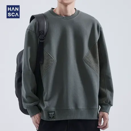hansca针织拼接圆领卫衣男秋季新款美式个性440g重磅潮牌长袖上衣商品大图