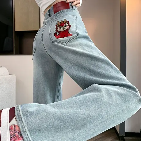 设计感刺绣直筒牛仔裤女2024春秋新款高腰显瘦宽松阔腿拖地长裤子商品大图