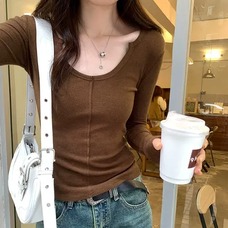 U领设计感正肩长袖小衫T恤女2024春夏新款韩系爆款打底衫内搭上衣商品大图