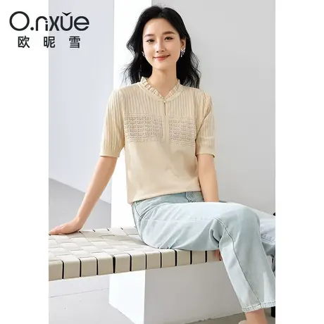 欧昵雪2024夏季新品针织衫女短袖木耳边立领欧根纱薄款拼接上衣商品大图