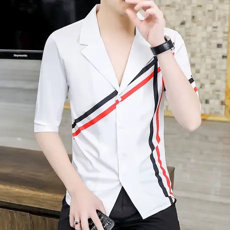 网红潮牌个性七分袖衬衣夏季发型师时尚古巴领夏装帅气中袖衬衫男商品大图