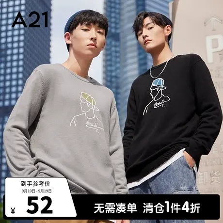A21outlets秋季针织衫男装宽松圆领情侣休闲潮牌男士印花女生毛衣商品大图