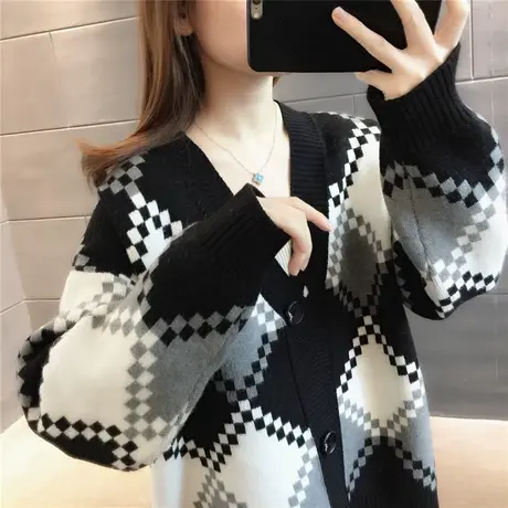 设计感洋气毛衣外套女外搭宽松2022早春新款韩版慵懒菱格针织开衫图片