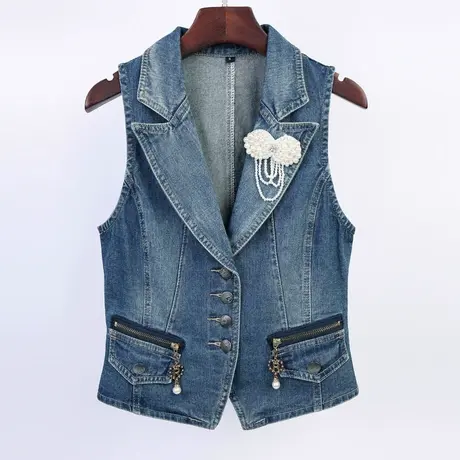 牛仔马甲女短款修身韩版新款春秋无袖外套背心西装领大码马夹夏图片