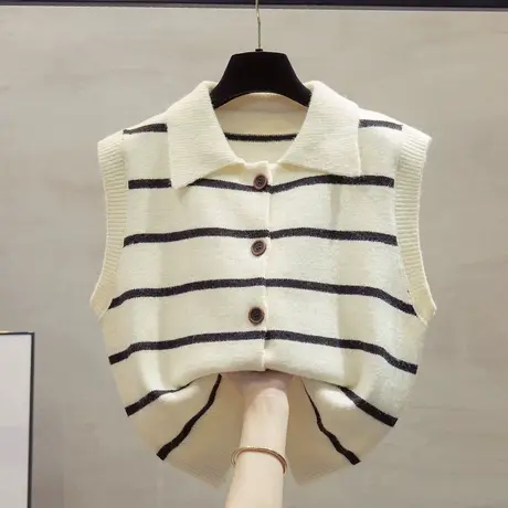 方领针织开衫马甲背心女2023秋装新款宽松外穿马甲条纹毛衣坎肩潮图片