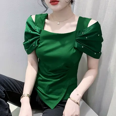 欧货一字领短袖上衣女士夏装设计感不规则开叉T恤心机露肩小衫潮商品大图