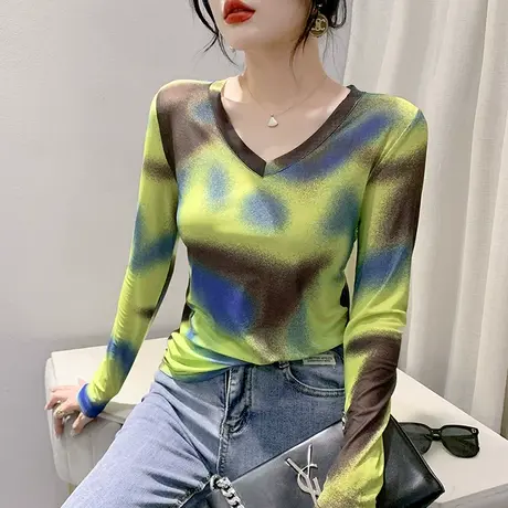 欧货性感V领网纱长袖T恤女薄款防晒罩衫扎染印花休闲上衣气质小衫商品大图