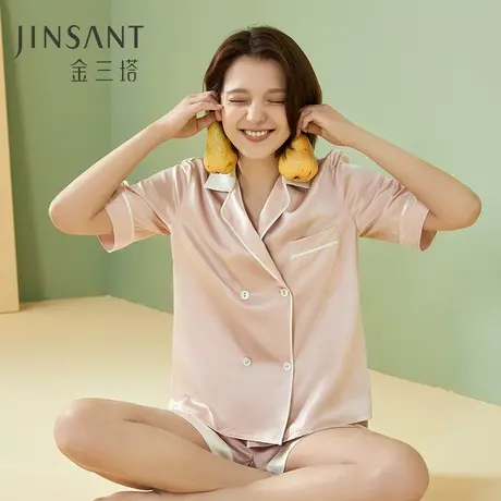 金三塔短袖短裤真丝睡衣女100%桑蚕丝双排扣简约时尚可外穿家居服图片
