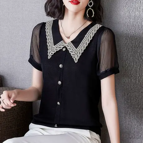 娃娃领上衣女夏装2023新款妈妈时尚短袖t恤衫宽松大码雪纺衫夏季商品大图