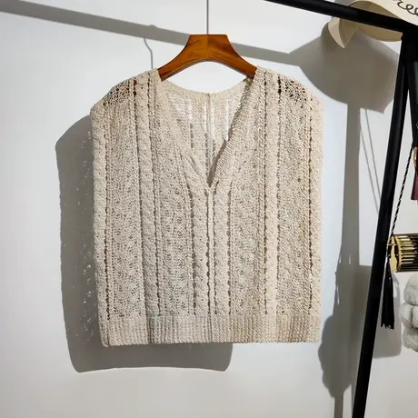 勾花镂空马甲针织衫女夏季新款v领海边度假外搭背心防晒罩衫上衣图片