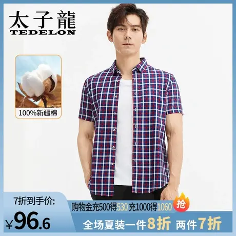 商场同款太子龙100%棉男士纯棉格子短袖衬衫中青年免烫薄衬衣男装商品大图