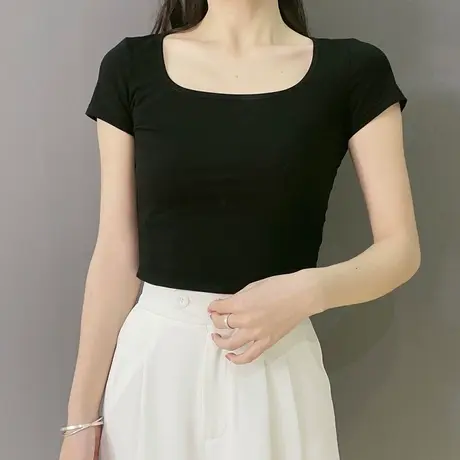 黑色短袖t恤女上衣短款短袖修身U领紧身短款高腰小个子露脐装上衣图片