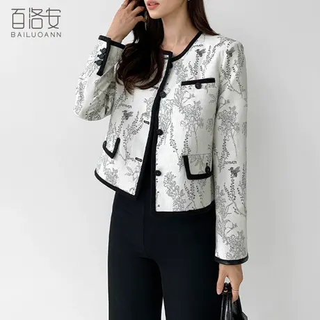 百洛安新中式复古提花短外套女2023秋装新款气质圆领宽松长袖上衣图片