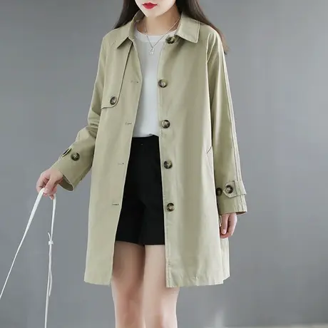 枫谜2021年春装文艺韩版全棉中长款风衣女宽松显瘦翻领外套大衣图片