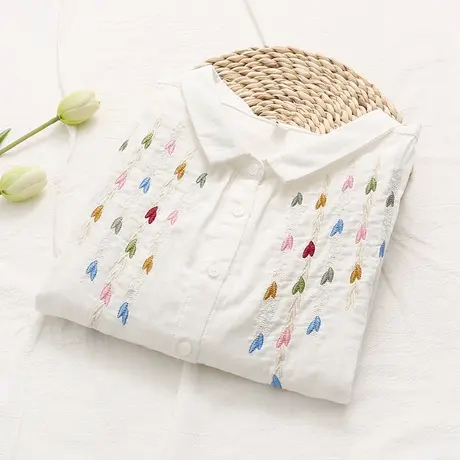 夏季日系小清新碎花刺绣双层棉纱七分袖白衬衫女宽松学生中袖上衣商品大图