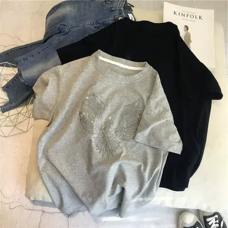 翅膀短袖t恤女夏季2020新款韩版ins潮学生宽松亮片百搭半袖上衣服商品大图
