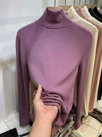 欧货高领柔软加薄绒长袖T恤女2022秋冬装新款纯色内搭打底衫上衣商品大图