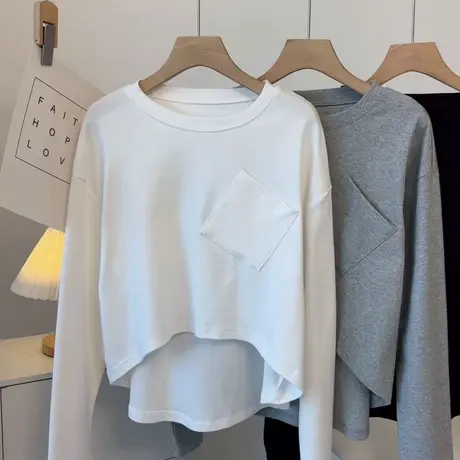 设计感！前短后长斜口袋t恤女春秋欧美范宽松长袖不规则上衣罩衫商品大图