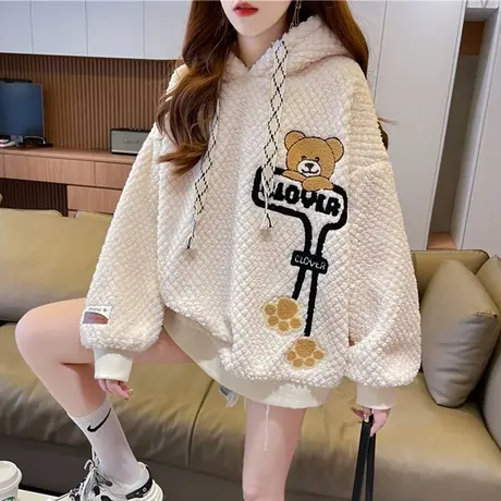 羊羔毛外套女秋冬韩版宽松大码加绒加厚小个子保暖森系羊羔绒卫衣商品大图