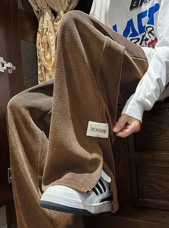 灯芯绒开叉阔脚裤子女秋冬季加绒加厚宽松高腰垂感直筒运动休闲裤商品大图