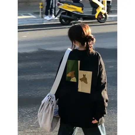 美式复古oversize卫衣女2023春秋薄款圆领宽松小众设计感上衣外套商品大图