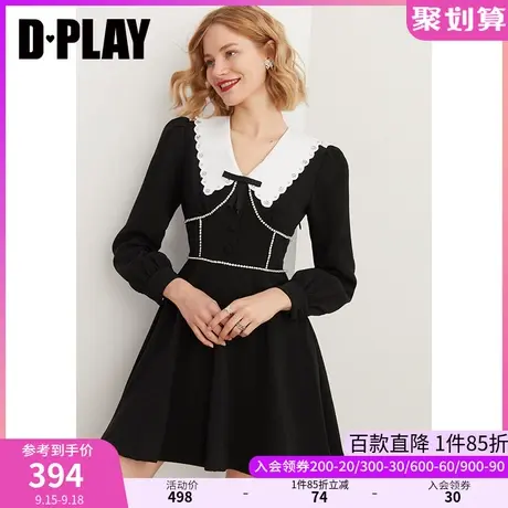 DPLAY【黑标】秋装新复古法式黑色重工镶钻高腰A字连衣裙图片