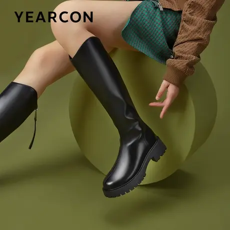 意尔康帅气骑士靴女鞋冬季新款休闲潮流圆头粗跟长筒靴大腿围靴子商品大图