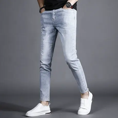 九分牛仔裤男夏季薄款2022年新款浅蓝色修身小脚男士潮流冰丝裤子商品大图