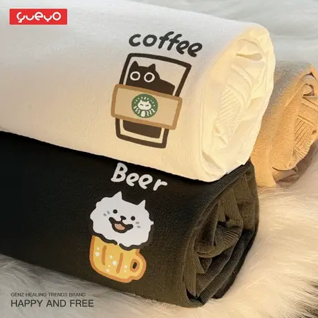 悦游 猫巴克狗啤酒 情侣纯棉短袖T恤可爱卡通猫狗原创商品大图