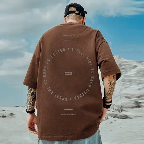 美式复古咖啡色T恤纯棉潮流bf风百搭休闲宽松纯棉短袖大码半袖男图片