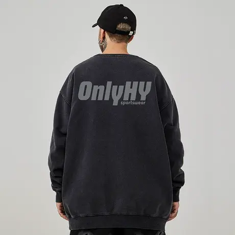 加肥加大码圆领美式重磅复古胖子男装潮流宽松水洗做旧卫衣春秋款商品大图