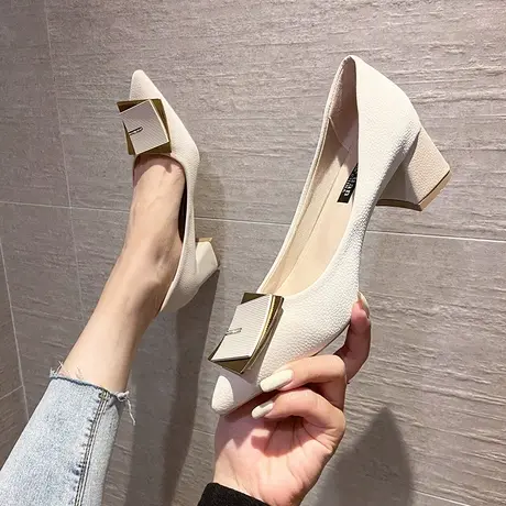 高跟鞋女2023年新款春秋一脚蹬爆款尖头女鞋法式浅口金属粗跟单鞋商品大图