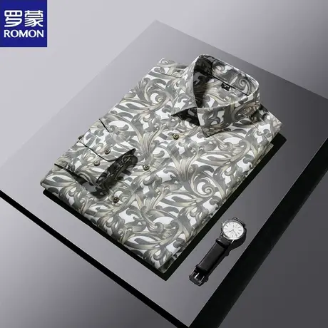 罗蒙2024春秋新款衬衫男长袖中青年商务休闲男士时尚潮流印花衬衣图片